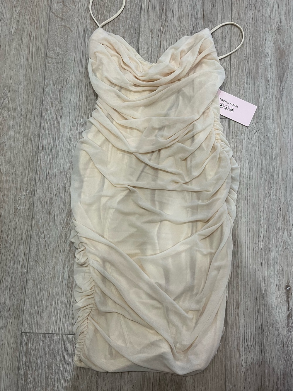 Oh Polly Beige Ruched Spaghetti Strap Mini Dress